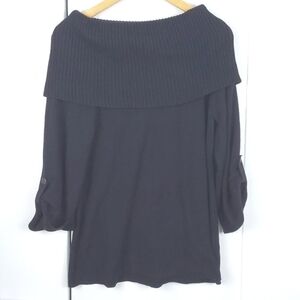 Kenneth Cole Black Knit Off Shoulder Roll Tab  Neutral Wool Sweater Top  Sz.M